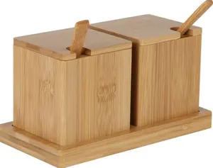 Scatola di sale di bambù da cucina con cucchiaio e vassoio di stoccaggio in legno sale speziato box