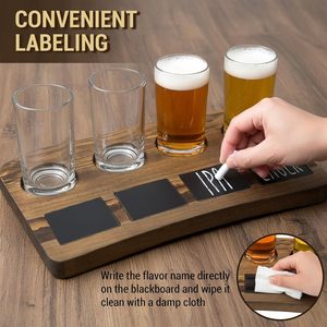 Ensemble de dégustation de bières avec quatre verres de pub de 6 oz et plateau de service et de rangement en bois brun foncé - Product Image 4