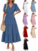 Robe longue fluide et respirante pour femme, col en V surplissé, taille smockée, manches courtes bouffantes, volants étagés, coupe évasée, ODM/OEM