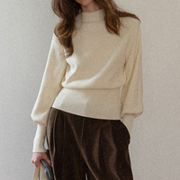Pull en maille court pour femme, coupe ajustée à la taille, col montant, manches lanternes, style minimaliste chic et décontracté, personnalisé