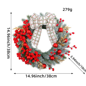 YUELIAN Eco-Friendly 38cm Plastic Artificial Red Berry Christmas Wreath Plaid Bow Front Door Hanging for Indoor/<b>Outdoor</b> Decor - Product Image 6