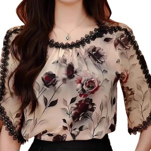 Blusa de Gasa con Estampado Floral y Corte Holgado para Mujer, con Ribete de Encaje, Cuello Redondo, Manga Media, Transpirable, para Uso Casual y de Oficina - Product Image 1