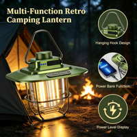 Lanterne de camping rétro rechargeable à LED, lampe de tente à intensité variable, lampe suspendue vintage avec affichage de la puissance pour la randonnée en plein air et les situations d'urgence