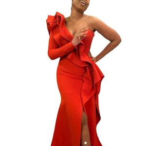 Элегантное вечернее женское длинное платье с одним открытым плечом, облегающее, с разрезом, с оборками, макси, красное, для выпускного вечера - Product Image 3