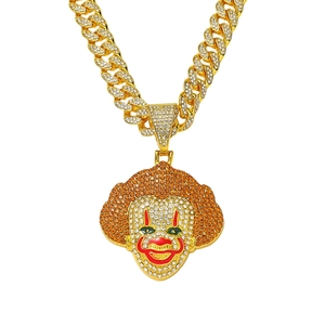 Hip-Hop Herren Luxus Vergoldeter Strass-Legierungs-Clown-Gesichtsanhänger mit Prong Cuban Halskette Icy Bling Schmuck - Product Image 1