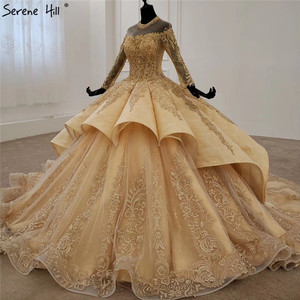 Abiti da Sposa di Lusso con Collo a O Dorato, Maniche Lunghe in Pizzo con Perline, Abiti da Cerimonia, Abiti per Quinceañera - Product Image 4