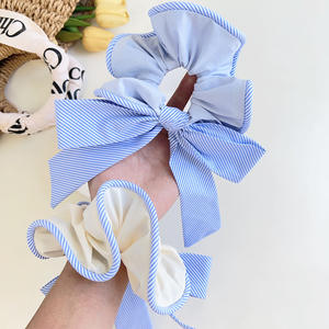 Kızlar için sıcak satış pilili ilmek saç bağları oldukça büyük Scrunchies mavi şerit baskılı şerit yay kumaş saç bandı aksesuar - Product Image 2