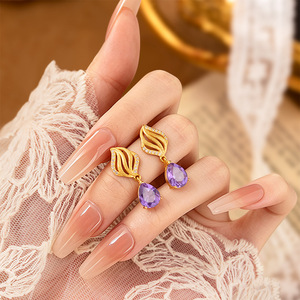 Boucles d'oreilles vintage en argent 925 plaqué or, motif fleur brossée, pierre naturelle taille poire 7*9mm, bijoux élégants pour femme - Product Image 3