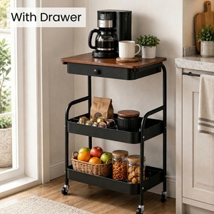 3 Tier Utility with Wooden Board and Drawer ,Multi Use <strong>Storage</strong> Rack Organizer Lockable Casters, Metal Trolley Rolling <strong>Cart</strong> - Product Image 2