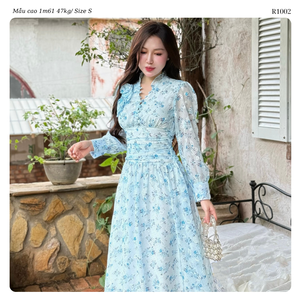 Vestido Maxi de Gasa Floral para Mujer con Cuello con Volantes, Manga Larga, Cintura Fruncida y Corte Fluido en Línea A, Venta al por Mayor OEM ODM - Product Image 2