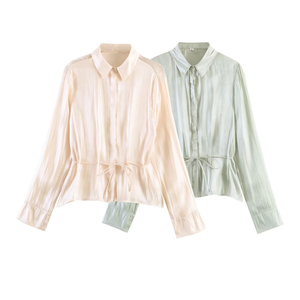 Camicetta da donna 2026 in raso metallizzato plissettato <span class=keywords><strong>con</strong></span> <span class=keywords><strong>cintura</strong></span>, camicia elegante in raso lucido a maniche lunghe, top casual da ufficio alla moda - Product Image 1