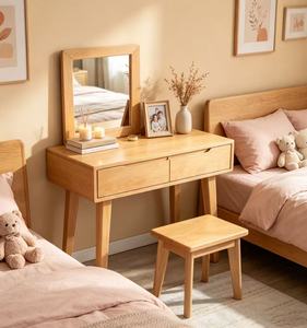 Scandinavian Solid Oak Makeup Vanity With Mirror And <b>Storage</b> Drawers <b>For</b> Bedroom - Product Image 2