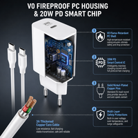 Kit Pengisi Daya Cepat PD 20W Port Tunggal yang Dapat Disesuaikan dengan Kabel USB-C + C atau USB-C + USB-PD untuk Ponsel, Laptop & Komputer