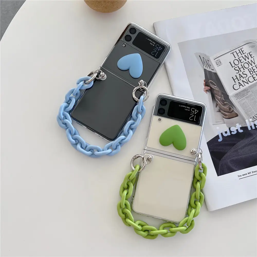 Korean Style Cute Heart Clear Cover New Folding Phone Case with Chain for Samsung Galaxy Z Flip4