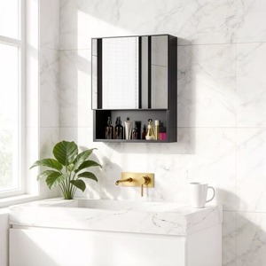 <span class=keywords><strong>Armoire</strong></span> à <span class=keywords><strong>pharmacie</strong></span> murale <span class=keywords><strong>noire</strong></span> étanche en acier inoxydable avec miroir, 3 étagères ouvertes pour salle de bain - Product Image 1