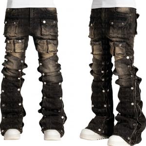 Pantalon cargo en jean pour homme, coupe bootcut, coupe skinny, effet délavé soleil, délavé à l'acide, effet vieilli, avec logo de marque personnalisé, style empilé - Product Image 1