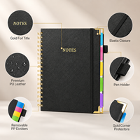 Cuaderno Espiral de Cuero PU, 5 Temas, Rayado, con Separadores de PP Extraíbles, Papel de 100 g/m², Banda Elástica y Portaplumas