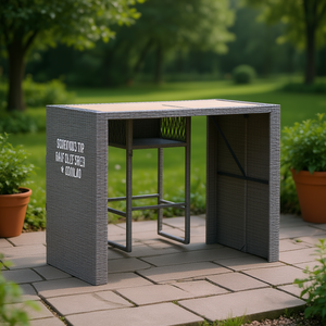 Mesa de Bar de Ratán Gris, Rectangular, con Superficie de Madera, Muebles de Jardín para Exteriores, Diseño Contemporáneo, Estilo Moderno y Duradero - Product Image 2