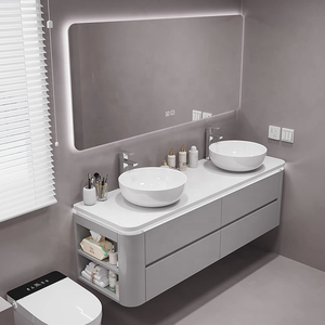 Moderno bagno <span class=keywords><strong>in</strong></span> <span class=keywords><strong>legno</strong></span> vanità doppio lavabo impermeabile bagno bancone lavabo lato armadietto bagno - Product Image 3