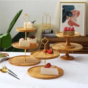 Ensemble de présentoirs à desserts en bambou, support à gâteaux multi-niveaux, plateau en bois massif, plateau de service pour le thé de l'après-midi, couleur naturelle, simple - Product Image 2