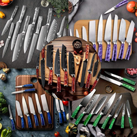 7 Pcs Set Pisau Dapur Chef dengan Blok dan Pengasah Anti Karat Pisau Jepang Stainless Steel Pola Laser Damascus Tajam