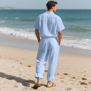 Printemps été hommes couleur unie deux pièces ensembles vêtements manches courtes revers chemises et pantalons hommes costume pour <span class=keywords><strong>homme</strong></span> ensemble décontracté - Product Image 6