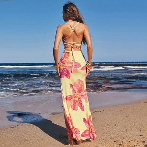 Summer Beach Vacation Contrast Floral Print Cami Dress Open Back <b>Tie</b> Detail Low Waist Slim Fit Straight Column Dress - Product Image 2