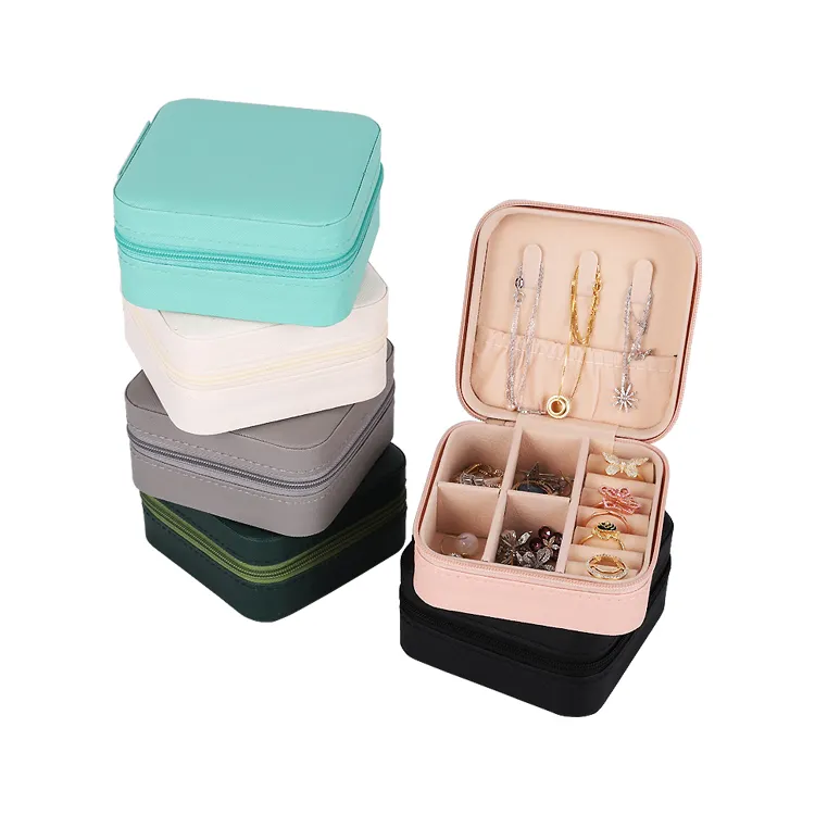 Leather Stripe Zipper Travel Gift Jewelry Box Custom Personalized Portable Jewellery Organizer Accessories Display Storage Box