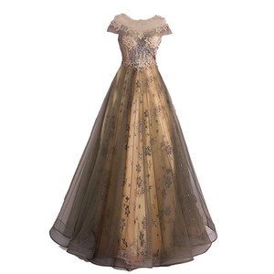 Golden Off The Shoulder Ball Gown Empire Waist Floral Print Evening Dress For Wedding Banquet Stage Performance Host Solo Show - Product Image 4