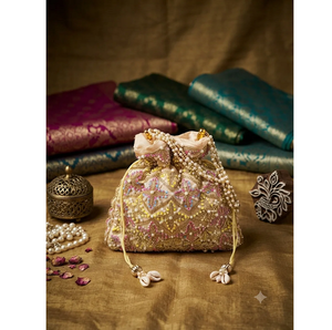 Handcrafted Silk Beige Saddle Potli <b>Bag</b> Purse <b>Sequin</b> Pearl Glass Bead Embroidery Classic Traditional Indian Lightweight Shoulder - Product Image 1