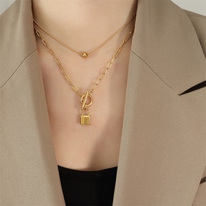 Popular Stainless Steel <b>Lock</b> Charm <b>Necklace</b> Gold Plated Bead Pendant <b>Necklace</b> - Product Image 5