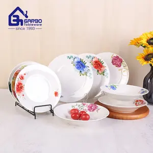 Factory custom flower design round flat 7/8/9 inch stoneware dish ceramic dessert dish dinner serving plate for home hotel