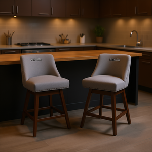 Juego de 2 taburetes de bar giratorios tapizados en tela gris, base de madera de 26 pulgadas de alto, muebles de bar modernos y contemporáneos - Product Image 2