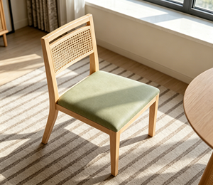 Chaise de salon scandinave en bois avec assise rembourrée verte et dossier en rotin, mobilier moderne pour la maison - Product Image 1