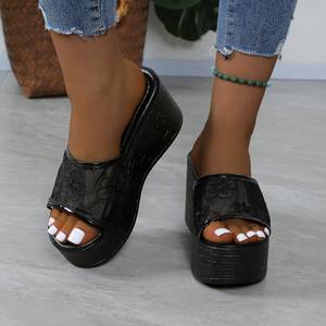 Sandales compensées pour femmes, tongs d'été, style lacé, grande taille, bout rond, pailletées, H28 - Product Image 3