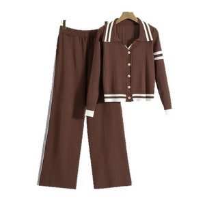 Ensemble de vêtements en tricot pour femmes, cardigan à col en V, pantalon large, tenue décontractée automne-printemps, polyester et coton antistatiques - Product Image 4