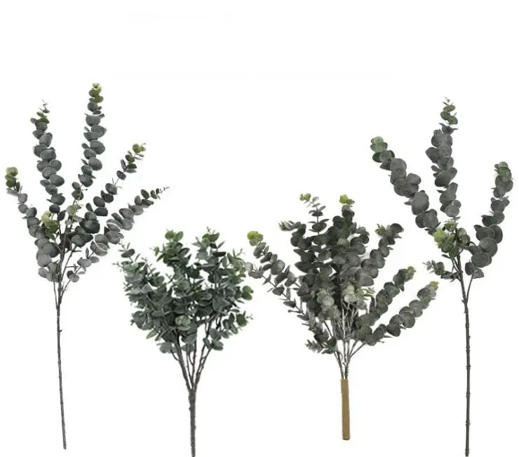 Atacado artificial de plástico eucalipto folha toque real 5 ramos folhas de eucalipto haste para decoração