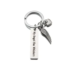 Stainless Steel Keychain My angel Has Whiskers Heart Wings Pendant Keychain With customizable lettering logo key ring jewelry