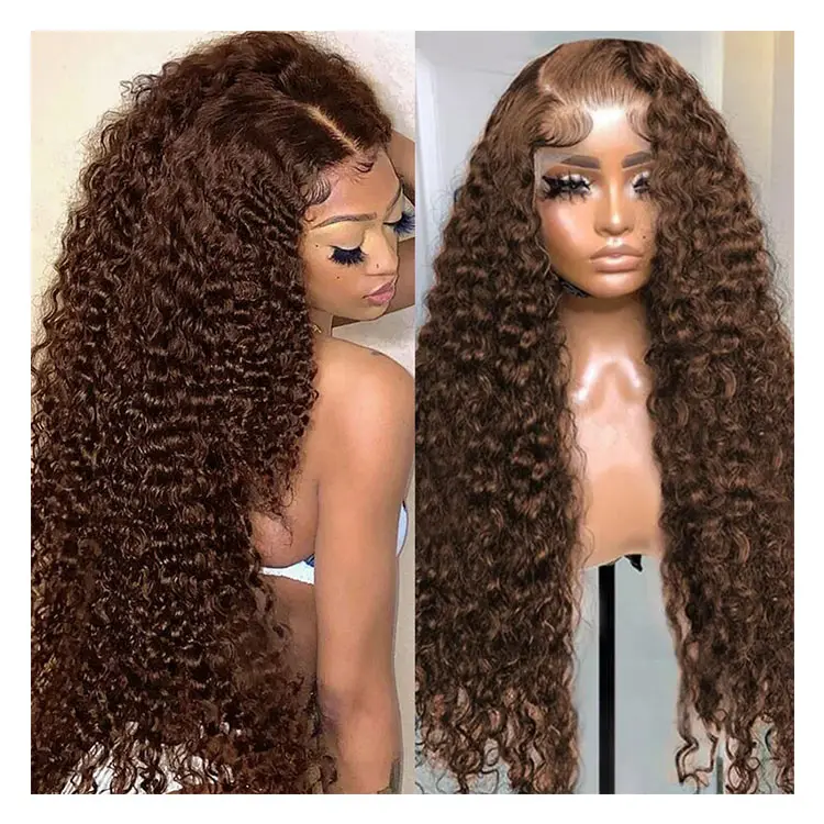 Perruque Lace Front Wig Deep Wave naturelle bouclée, cheveux humains, brun, 13x4 HD, densité 220, pour femmes africaines