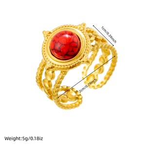 Fashion Court Style Round <b>Red</b> Turquoise Gold Plated Wide Stainless Steel <b>Bracelet</b> Ring Unisex Party Jewelry R548 - Product Image 4