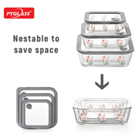 Boîte de conservation alimentaire en verre borosilicate Pyglass avec décor en décalcomanie à la four, couvercle hermétique, compatible micro-ondes