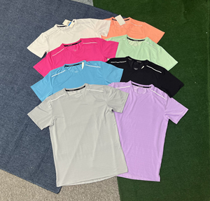 T-shirt da corsa da uomo a righe azzurre, traspirante, ad asciugatura rapida, con strisce riflettenti, <span class=keywords><strong>top</strong></span> sportivo casual per allenamento - Product Image 1