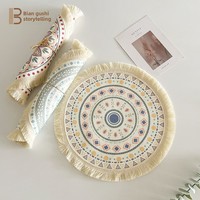 Set de table rond en coton tissé style bohème nordique 34 cm, isolant thermique, anti-déchirure, avec pompons