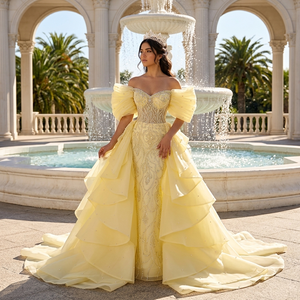 251140 Robe de soirée sirène chic jaune à épaules dénudées avec traîne détachable - Product Image 1