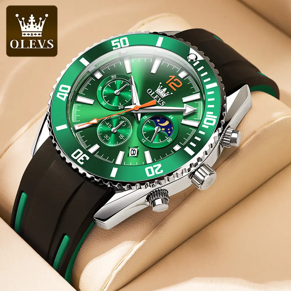 olevs 9916 New Water Ghost Series Classic Green Dial Luxury Men Not Automatic Chronograph Rubber Strap Waterproof Quartz Watch