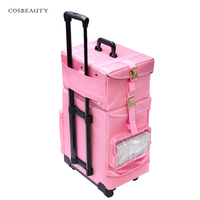 KONCAI Trousse de maquillage à roulettes en nylon rose pour bébé Bagages de voyage Organisateur de cosmétiques Boîte de beauté
