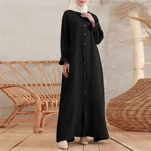 New Launched Breathable Gathered Waist Dress For Muslim Women Wear One Piece Abaya Front With Buttons Dresses