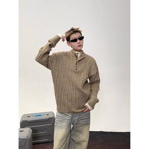 Suéter de Punto con Cuello Henley de Dos Piezas para Hombre, Suéter Holgado con Cuello Medio Alto Acanalado para Otoño e Invierno, Camiseta Interior - Product Image 4