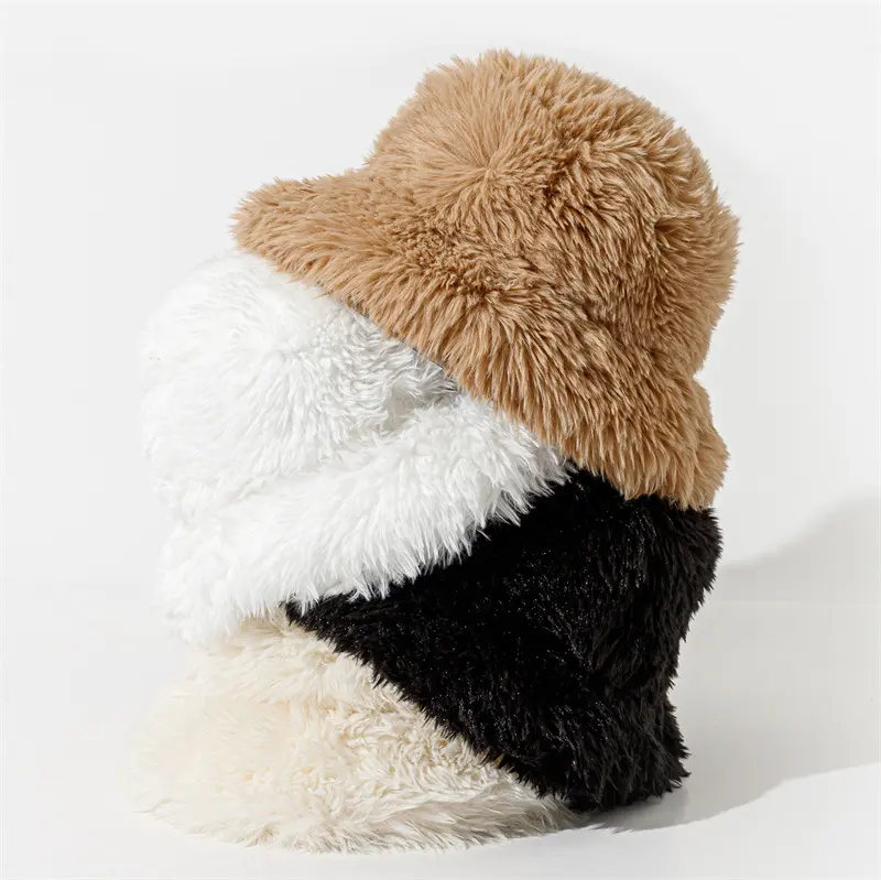Sombrero de pescador cálido de piel de felpa de nuevo estilo de invierno al por mayor sombrero de cubo de color sólido esponjoso para mujer