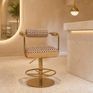 Chaise <span class=keywords><strong>de</strong></span> bar pivotante contemporaine en tissu camel, assise épaisse, dossier rembourré, base à disque avec pieds dorés, repose-pieds, <span class=keywords><strong>cave</strong></span> à vin - Product Image 4